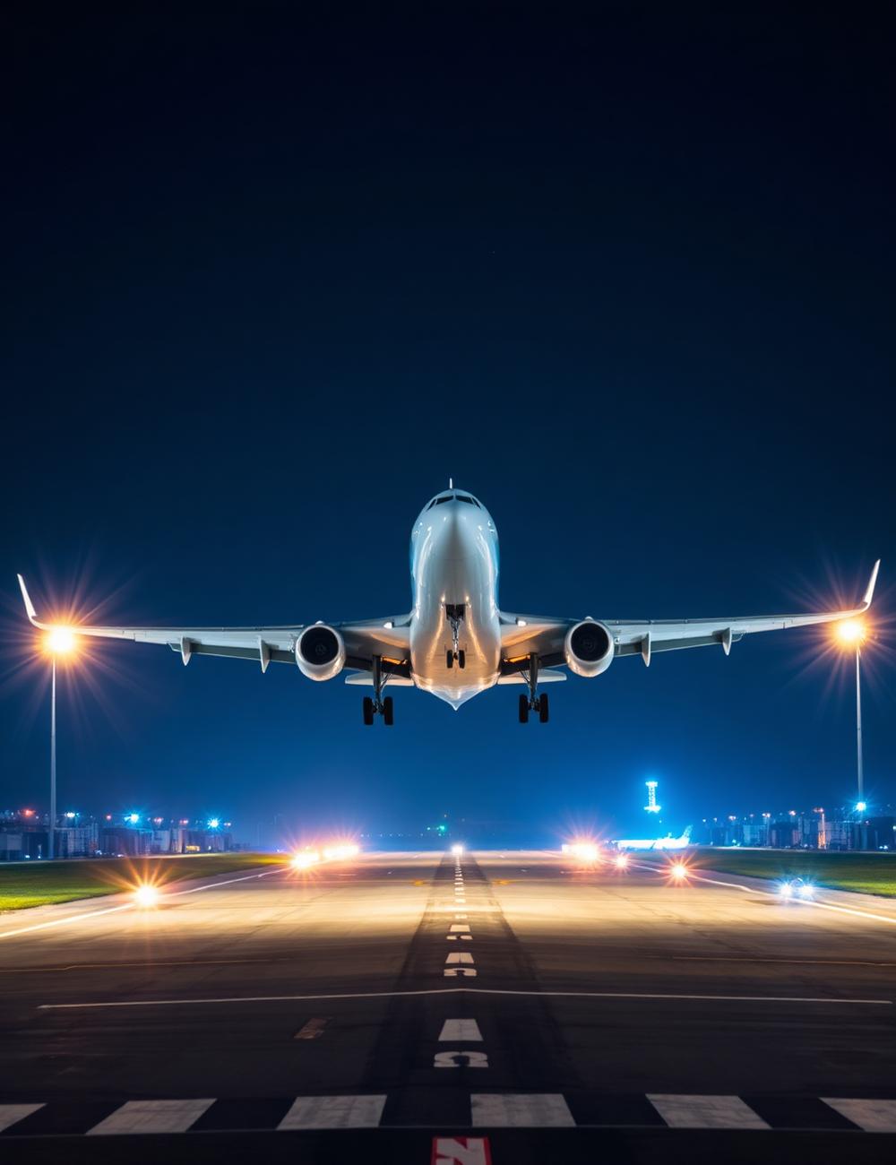 Passenger aircraft lifting off a lit runway at night