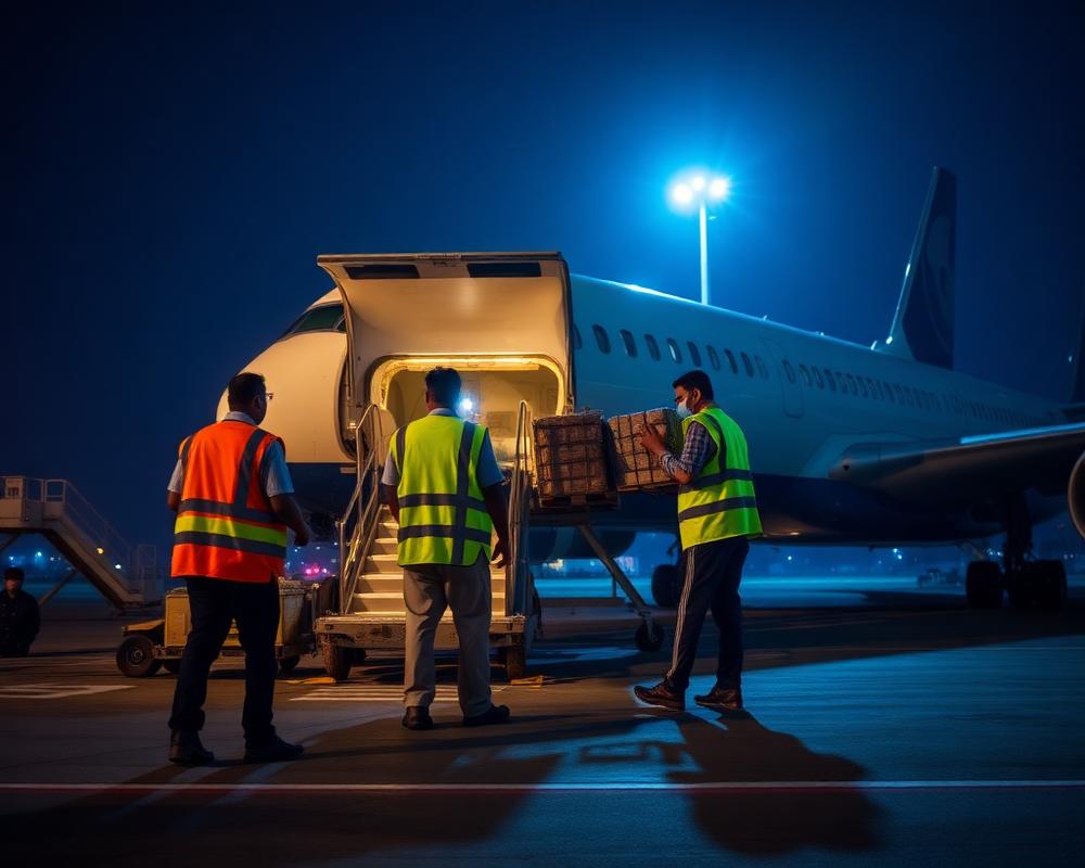 Ramp handling crew loading cargo onto an aircraft at night