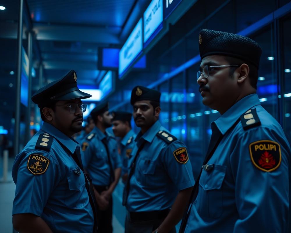 Airport security staff at a screening checkpoint